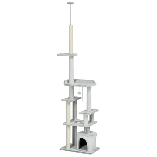 PawHut Kratzbaum Deckenhoch für Katzen, 225-255 cm, mit Spielball und Höhle, Hellgrau