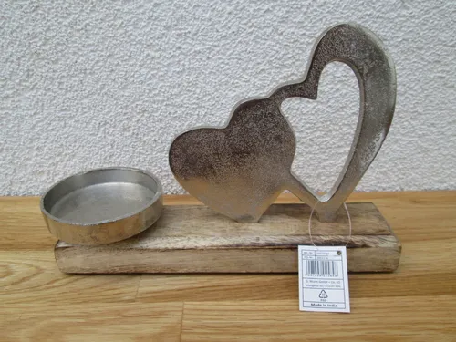 Kerzenhalter aus Metall, Mango Holz Herz Dekor Silber (B/H/T) 23x16x5cm Deko