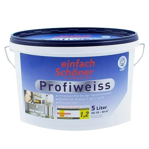 Profiweiss Wandfarbe 5l - Scheuerbeständig und hohe Deckkraft - Farben, ideale Innenfarbe für alle Zimmer mit hervorragender Deckkraft und Nassabriebbeständigkeit, deckt mit einer Schicht und ist schmutz- sowie spritzerabweisend.