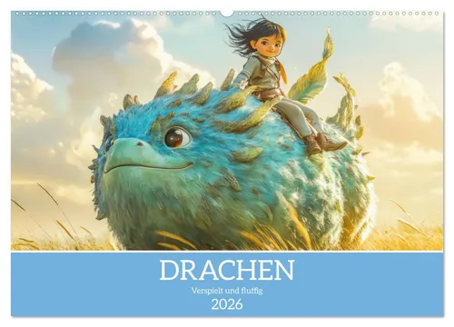 CALVENDO Wandkalender Drachen - Verspielt und fluffig (Wandkalender 2026 DIN A2 quer) - Erleben Sie einen kreativen Wandkalender mit 14 Seiten im A2-Format, ideal für die Wandgestaltung. Hergestellt in Deutschland, bringt er verspielte Drachenmotive in Ihr Zuhause.