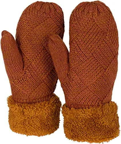 styleBREAKER Damen warme Winter Strick Fäustlinge, Handschuhe mit Rauten Muster, Thermo Fleece, Strickhandschuhe 09010031, Farbe:Cognac