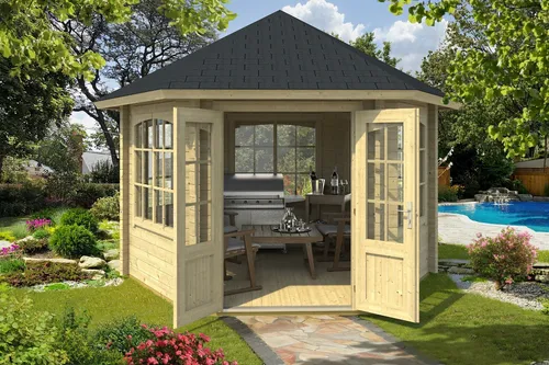 Gartenpavillon ILMENAU 44 mm - 6-Eck Design - Gartenhäuser, Geräteschuppen & Carports – Moderner Gartenpavillon aus naturbelassenem Holz mit 5 Fenstern, abschließbar und inklusive Fußboden für gemütliche Stunden im Freien.