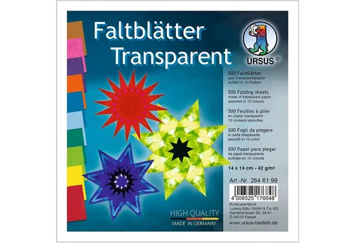 Ursus 2646199 Faltblätter Transparentpapier 14x14 cm - 500 Blatt Transparentpapier in 10 Farben, ideal für kreative Bastelarbeiten. Durchgefärbt und in handlicher Größe von ca. 14 x 14 cm, perfekt für Ihre Projekte.