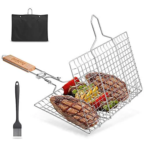 Faltbarer BBQ Grillkorb von Huolewa - Tragbares Grillwerkzeug für perfekten Grillgenuss - Grillkörbe mit 33 x 22.1 cm Kochfläche, ideal für 3-4 Personen. Aus rostfreiem Edelstahl 304, inklusive Bonus Saucenpinsel und Tragetasche für ein einfaches Grillvergnügen.