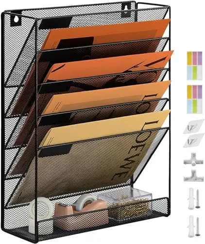 Zeitschriftenhalter Wand Zeitschriften Wandhalter Dokumentenhalter A4 Wandmontage 6 Stöckiger Hängeregal für Zeitschriften Dokumente A4 Netzstoff für Zeitschriften Aufbewahrung Magazin Aufbewahrung