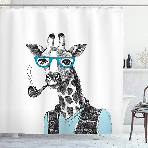 ABAKUHAUS Hipster Duschvorhang, Lustige Giraffe mit Pfeife, Stoffliches Gewebe Badezimmerdekorationsset mit Haken, 175 x 220 cm, Blau grau