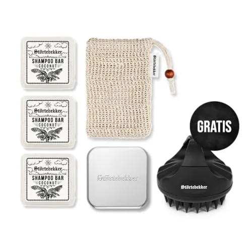 Störtebekker® Premium Duschset - Festes Shampoo Kokos (x3) mit GRATIS Scalp Brush - Hochwertiges festes Shampoo für sanfte Reinigung und Pflege. Ideal für Reisen, plastikfrei verpackt und handgefertigt. Inklusive praktischem Sisalsäckchen und Aluminium-Seifendose.