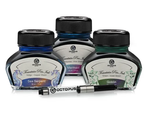 OCTOPUS Fluids Füllhaltertinte Set 3 x 30 ml - Tintenfässer mit 3 x 30 ml magischer Schreibtinte, die einen faszinierenden Zwei-Farben-Effekt bietet. Ideal für kreative Schreibliebhaber und perfekt für Bullet-Journals und Grußkarten.