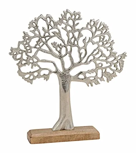 Alu Lebensbaum 33x30 cm auf Mangoholz - Baum Tischdeko Fensterdeko Holz Dekoration Baum Aluminium Mango Silber