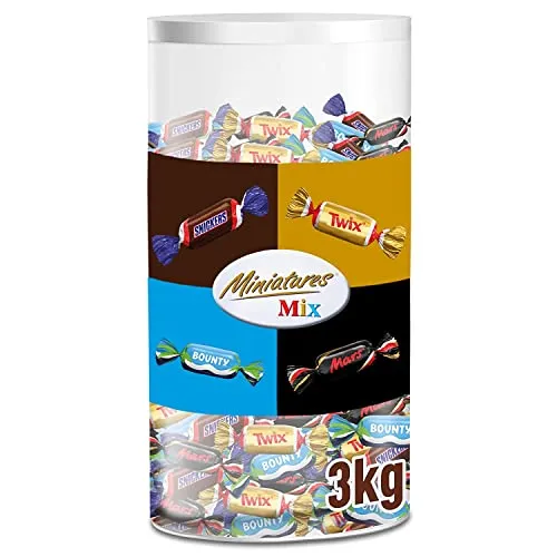 Miniatures Mix 296 Stück: Bounty, Snickers, Mars, Twix - Schokolade - 3 kg süße Vielfalt mit 296 einzeln verpackten Riegeln, perfekt als Wurfmaterial für Karneval oder für Großverbraucher.
