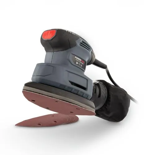 Powerplus Elektro-Handschleifer POWE40020-140 W Multischleifer, 5 Blatt Schleifpapier, Staubfangbeutel - Schleifen von Holz & Keramik - Trockenbau Wand Schleifer - Elektro Hand Schleifer