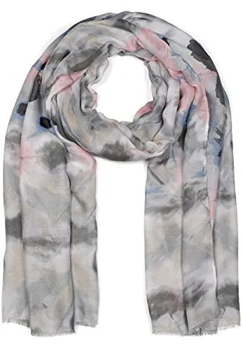 styleBREAKER Damen Schal mit buntem Batik Blumen Muster und kurzen Fransen, leichtes Tuch, Stola 01016212, Farbe:Grau-Rosa