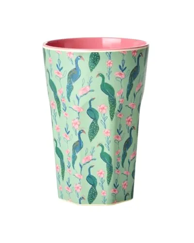 ReWu Rice Melamin Becher Groß - Pfau Motiv Grün - Kinderbecher Campingbecher Campinggeschirr Trinkbecher Melamingeschirr Bruchsicher BPA-frei 400ml