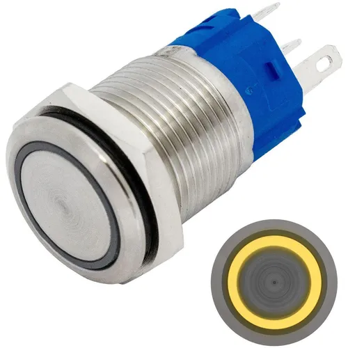 Edelstahl Druckschalter Flach Ø16mm Ring LED Gelb IP65 2,8x0,5mm Pins 250V 3A Va