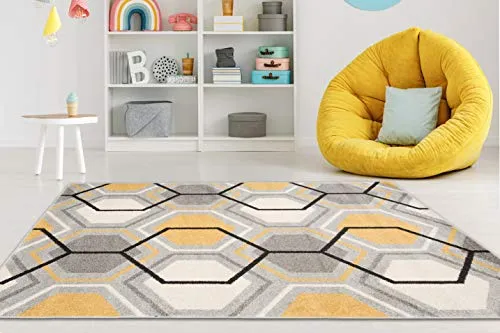 Carpeto Rugs Teppich Wohnzimmer Kurzflor Grau Modern Geometrisch Wabenmuster Rauten Muster - Niedrigflor Teppich für Wohnzimmer Jugenzimmer Kinderzimmer/Öko-Tex Grau Gelb 1 160 x 220 cm