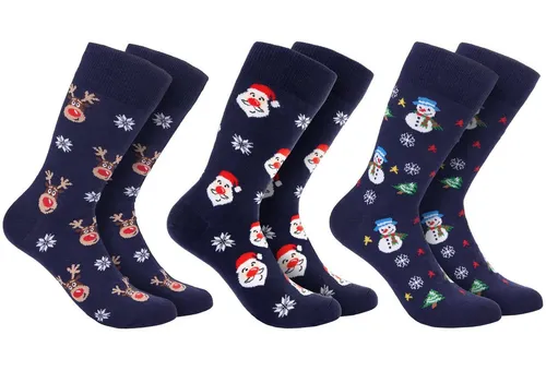 BRUBAKER Socken Herren Weihnachtssocken - Lustige Socken mit Weihnachtsmotiven (Schneemann, Rentier und Weihnachtsmann, 3-Paar, One Size) Baumwolle Blau - Männer Geschenk Weihnachten
