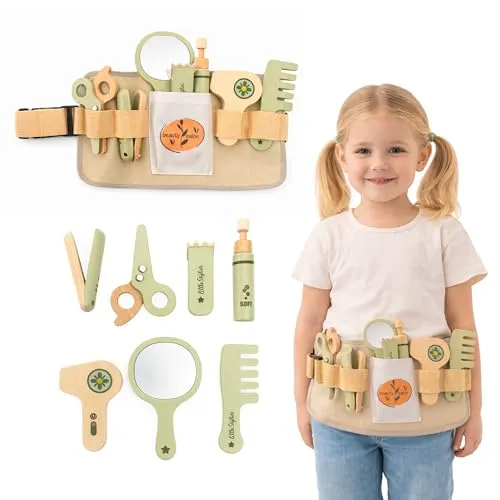 mamabrum Friseur Set Kinder Holz 8tlg Friseurkoffer mit Gürtel Zubehör Spielzeug Friseurspiel Set Rollenspiel Haarschneiden Styling Kinder