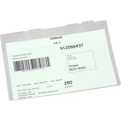 Eichner Hängetasche A4 quer, 10 Stück - Klarsicht- & Einstecktasche, robuste Hartfolie für sicheren Schutz Ihrer Begleitpapiere, ideal für schmalwandige Behälter.