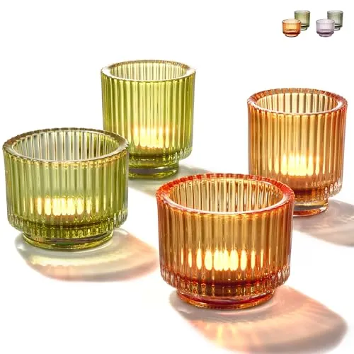 Praknu Teelichthalter Windlicht aus dickem Glas - 4er Set mit Rillenrelief - Für Stilvolle Tischdeko & Festliche Anlässe - Grün/Gold