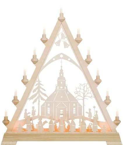 Kunstgewebe Taulin Schwibbogen Taulin Lichterbogen/Lichterecke Motiv Seiffener Kirche, 16 flammig elektrisch beleuchtet