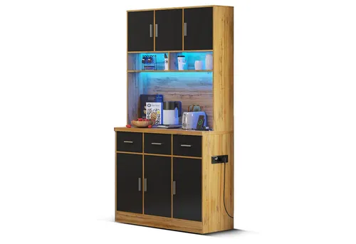 Merax Küchenbuffet Küchenbuffet mit LED-Beleuchtung und Steckdosen (3 Schubladen und 6 Türen, 100x40x180cm) Multifunktionales Hochschrank Buffet mit verstellbare Ablagen