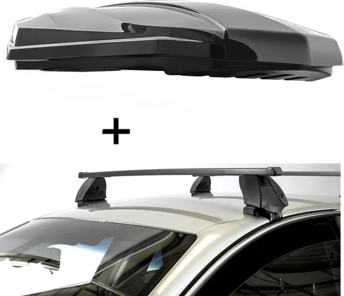 DACHBOX STRIKE 440 Liter schwarz hochglanz + Dachträger K1 MEDIUM kompatibel mit Opel Corsa F (5 Türer) ab 2019