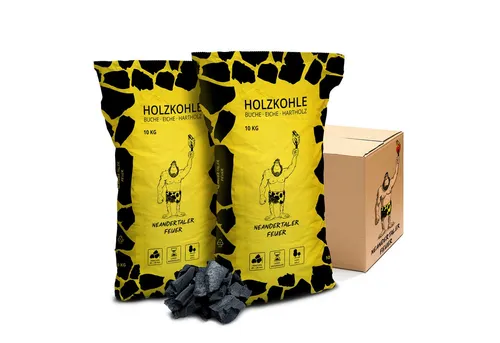 Neandertaler Feuer Holzkohle 20kg - Premium Buchenholzkohle für Grill und Smoker - Grillzubehör: Hochwertige Grillkohle aus Buchenholz mit langer Brenndauer und wenig Asche. Ideal für Steak und BBQ mit intensivem Aroma.