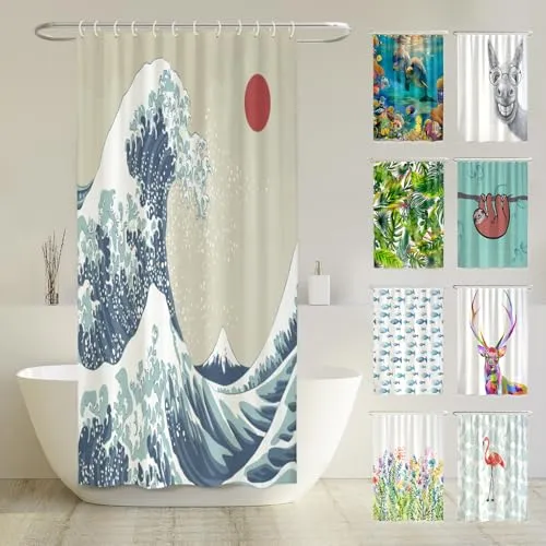 arteneur® - Japan Welle - Anti-Schimmel Duschvorhang 120x180 - Recycelt mit Öko-Tex Standard 100 - Beschwerter Saum, Blickdicht, Wasserdicht, Waschbar, 8 Ringe & E-Book