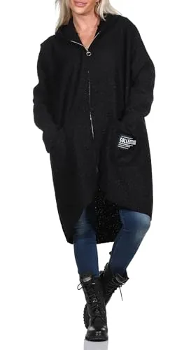 simaranda Sweatjacke Damen mit Kapuze Hoodie lange Übergangsjacke Kurzmantel uni mit Zipper Cardigan 29503 Schwarz