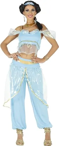 FIESTAS GUIRCA Arabische Prinzessin Damen Kostüm - Kostüm-Outfits für Erwachsene, elegantes orientalisches Design in Hellblau und Gold, ideal für Karneval und Fasching, inklusive Haarband und Halsschmuck.