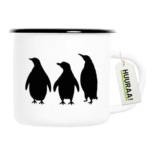 Huuraa Emaille Tasse Pinguine Silhouette Geschenk 300ml Vintage Emaille Becher Pinguine Geschenkidee