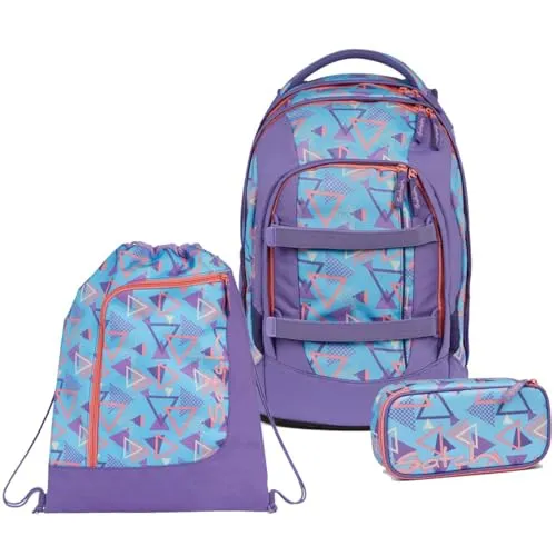 satch Pack Schulrucksack Set 3tlg. (80s Dance) - Schultaschen-Set mit Rucksack, Schlamperbox und Sportbeutel. Reflektierende Elemente sorgen für Sicherheit im Straßenverkehr. Nachhaltig und praktisch - ideal für Schule und Freizeit!