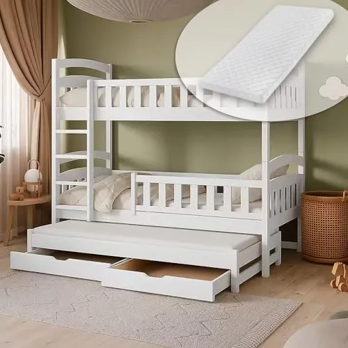 Hochbett Kinderbett 90x200 cm mit Ausziehbett - Praktisches Etagenbett für Kinder von 4 bis 18 Jahren, inklusive Rausfallschutz und drei Matratzen. Ideal für Übernachtungsbesuche und bietet zusätzlichen Stauraum durch zwei Schubladen.