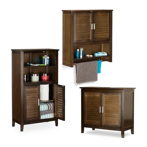 Badschrank Set 3-teilig Dunkelbraun - Schränke & Wandschränke, stilvolles Landhausdesign aus robustem Bambus, ideal für ein organisiertes Badezimmer mit viel Stauraum.