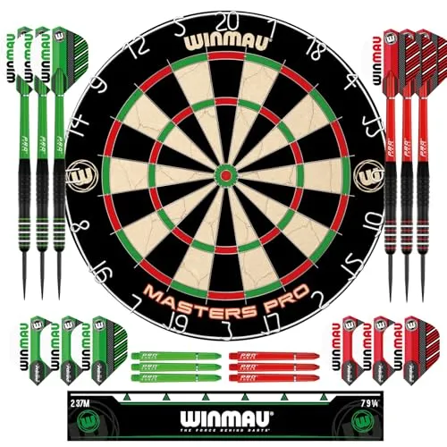Winmau Masters Pro Dartscheibe mit Oche-Linie & 6 Steeldarts – PDC Steeldartscheibe, Hochdichte Sisal, Ultra-Dünnes Drahtsystem | Erhältlich als Einzel-Set oder Dartschrank-Set mit Dart Zubehör