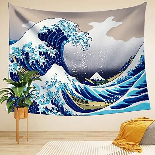 LIGICKY Wandteppich Wandtuch Hippie Tapisserie Ukiyoe Hokusai The Great Wave off Kanagawa Wandbehang Picknickdecke Staubtuch Tischdecke Wand Dekor Heimdekoration für Wohn und Schlafzimmer, 150 x 130cm