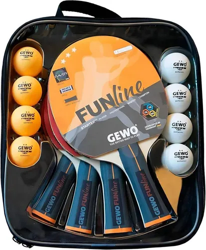 GEWO Tischtennisschlägerset Family & Friends (4 Schläger, 8 Bälle) - Vollständiges Tischtennisschlägerset für Familie und Freunde, ideal für Freizeit und Schule. Robust verpackt in einer praktischen Tasche, bietet es optimale Spielkontrolle und Spaß für alle Altersgruppen.