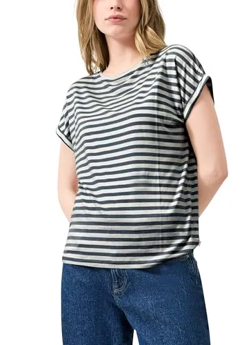 QS Damen T-Shirt 2175388 Blue XXL - Stylisches Querstreifen-Design - Bequemes Rundhalsausschnitt T-Shirt mit überschnittenen Schultern im Loose Fit. Ideal für lässige Looks und den täglichen Einsatz.