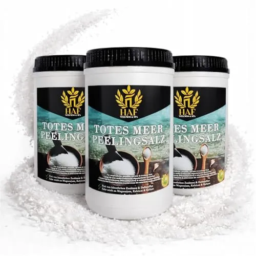 HAF Totes Meer Peelingsalz 3 x 1 kg – Naturreines Körperpeeling für Sauna und Dusche - Vielseitiges Peeling mit feiner Körnung für eine gründliche Reinigung der Haut. Ideal für trockene Haut, sorgt für Erfrischung und Geschmeidigkeit. Perfekt für Home-Spa-Erlebnisse und tägliche Pflege.