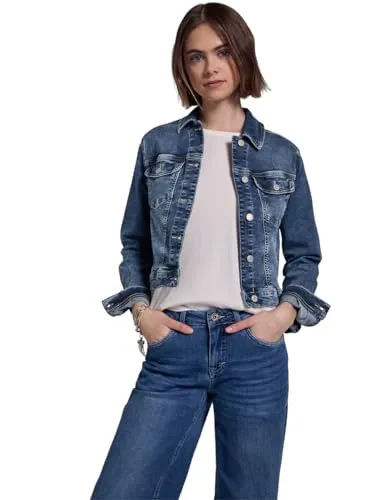 STREET ONE STUDIO Damen F212617 Cropped Jeansjacke, Dark Blue Random Washed, Größe 36 - Stylische Cropped Jeansjacke mit Hemdkragen und Metallknöpfen, aus bequemem Baumwollmix mit Stretch für optimale Bewegungsfreiheit.