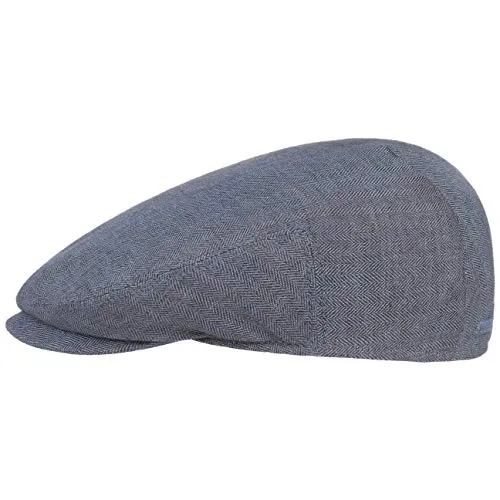 Stetson Woodfield Linen Flat Cap Leinenmütze Herren Schirmmütze mit UV-Schutz Herringbone Frühjahr Sommer braun-blau 57 cm