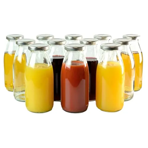 gouveo 12er Set Saftflasche 250 ml mit Schraubdeckel silberfarben - Glasflasche 0,25 l mit TO43 Verschluss - Leere Flasche für Saft, Smoothie, Limonade (SF250S)
