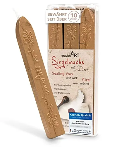 gravurART Siegelwachs Gold 3 Stangen mit Docht - Persönliche Briefe versiegeln mit Stempelwachs für Siegelstempel