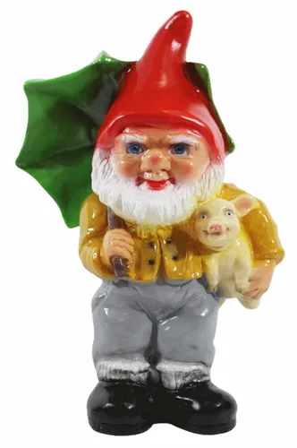 Gartenzwerg Figur mit Glücksschwein und Schirm – H 34 cm - Wetterfester und bruchsicherer Gartenzwerg aus robustem Kunststoff. Ideal für die Gartendeko, bringt er Farbe und Freude in jeden Garten. Höhe: 34 cm, stilvolles Märchenmotiv.