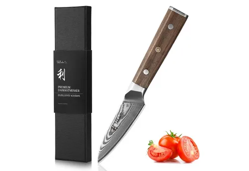 Wakoli Spickmesser Hickory Damast Küchenmesser 8cm Klinge FullTang, Walnussholzgriff, Damaststahl, Full Tang, VG-10