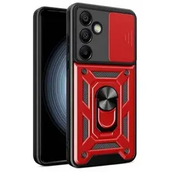 Hybrid Armor Camshield Bumper Handyhülle Hülle mit Ring kompatibel mit Samsung Galaxy S25 Ultra Rot