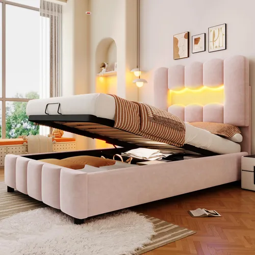OKWISH Doppelbett 140x200 mit LED Beleuchtung und verstellbarer Höhe