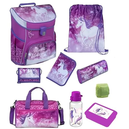 Familando Mädchen Schulranzen Set - Magic Unicorn Lila - Schultaschen-Set für die 1. Klasse, ergonomisch und leicht mit nur 980 g, inklusive 9-teiligem Zubehör wie Sporttasche und gefüllter Federmappe.