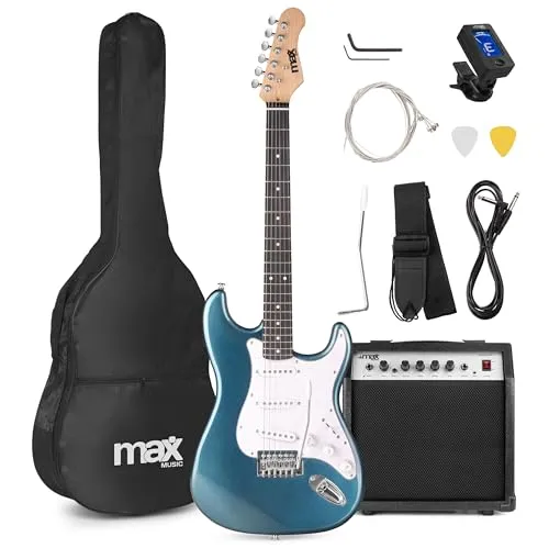 Max GigKit E Gitarre Set, E Guitar, Elektrogitarre mit Verstärker 40 Watt, Gitarrentasche, Plektrum, Gurt, Stimmgerät, Instrumentenkabel, Ersatzsaiten, 4/4 Electric Guitar, E Gitarren Set in Blau