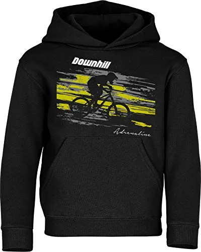 Baddery Fahrrad Pullover Kinder: Downhill Adrenaline Sport Hoodie für Jungen und Mädchen - Fun-Kapuzenpullover aus 70% Baumwolle, OEKO-TEX zertifiziert und mit langlebigem Siebdruck-Motiv, ideal für kleine Radfahrer beim Outdoor-Sport.